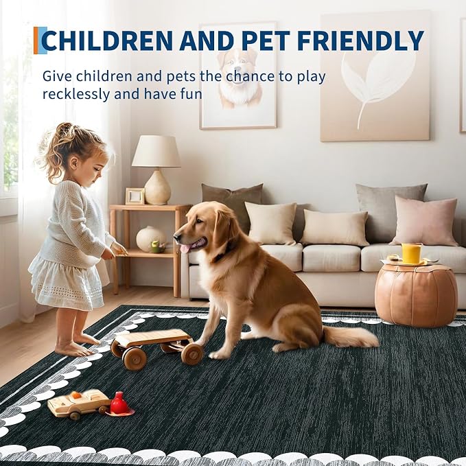 COZYLOOM 5x7 Living Room Rug Machine Washable Rugs with Non Slip Backing, Non Shedding Stain Resistant Carpet Foldable Soft Mats for Bedroom, Dining Room, Black
