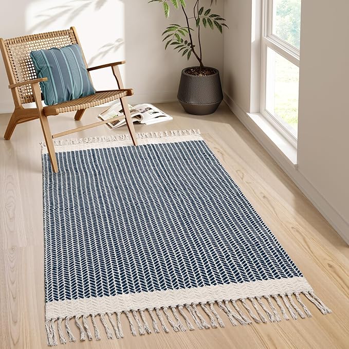 Lahome Boho Bathroom Rugs, 3x5 Washable Area Rug for Kitchen Bedroom Entry | Bath Door Mat with Tassels Woven Cotton, Farmhouse Navy Blue Lightweight Throw Carpet for Entryway Living Room Laundry Decor