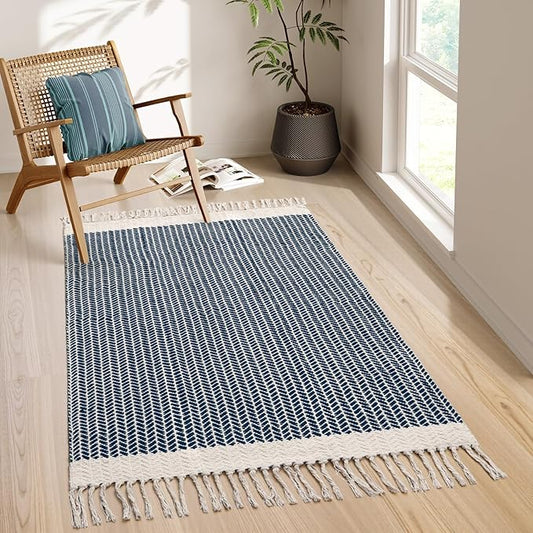 Lahome Boho Bathroom Rugs, 3x5 Washable Area Rug for Kitchen Bedroom Entry | Bath Door Mat with Tassels Woven Cotton, Farmhouse Navy Blue Lightweight Throw Carpet for Entryway Living Room Laundry Decor