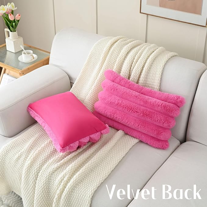 HAUSSY 2 Pack Lumbar Pillow Covers 12x20 Inch, Faux Fur Decorative Couch Throw Pillows Soft Striped Plush Cushion Covers Home Decor Cute Furry Pillowcase for Living Room Sofa Bed, Hot Pink