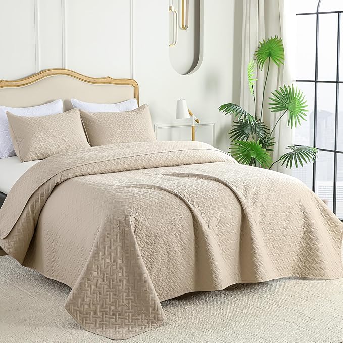 FLYMME Queen Quilt Bedding Set Beige Lightweight Bedspreads Full Size,Soft Microfiber Bed Coverlet for All Season (1 Quilt, 2 Shams)