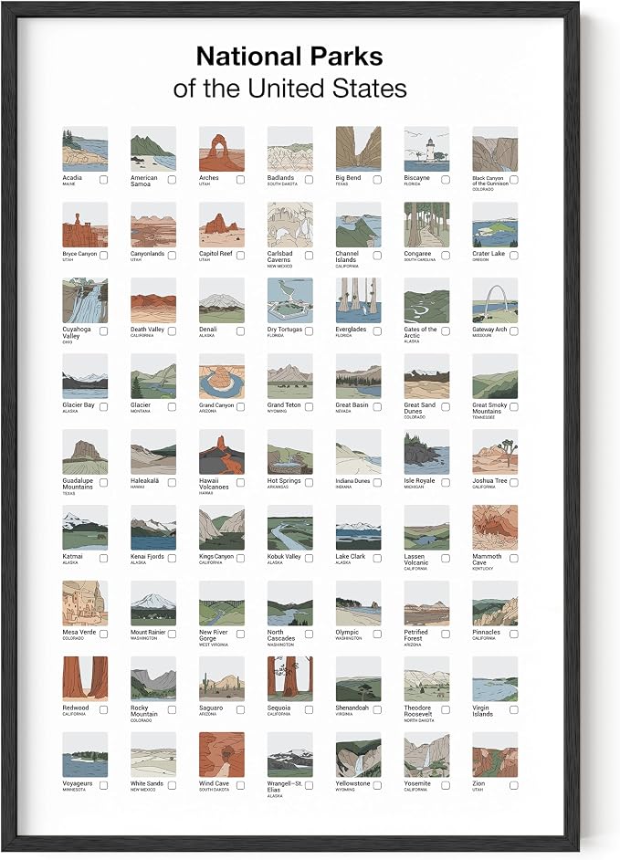 HAUS AND HUES National Parks Checklist Poster - 63 Illustrated Park Thumbnails Art Print - Vintage Style Print for Travelers, Nature Lovers, and Adventure Enthusiasts (Black Framed, 24x36)