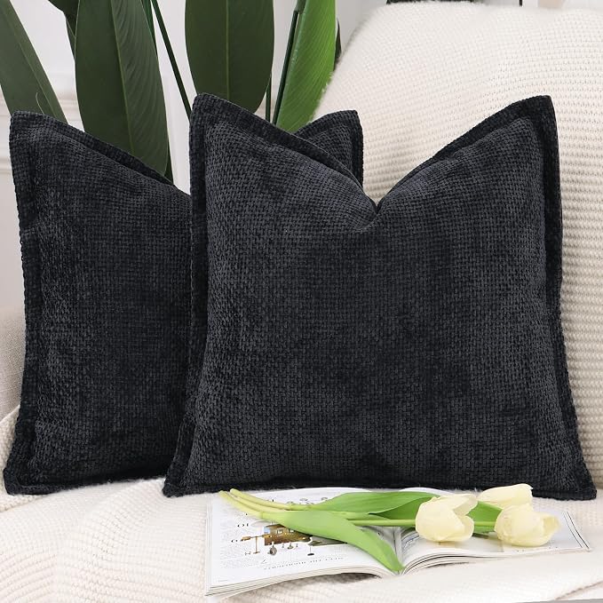 MADIZZ Decorative Chenille Velvet Throw Pillow Covers Set of 2 Soft Boho Textured Neutral Couch Throw Pillow for Bed Modern Farmhouse Home Decor for Sofa Livingroom Black 20x20 Inch