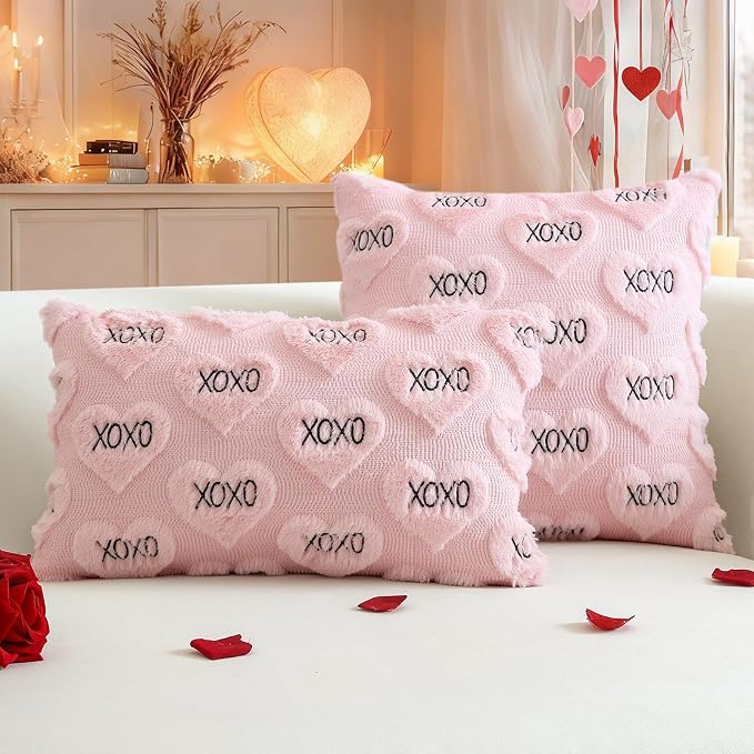 Artscope Valentines Pillow Covers 18x18 Set of 2 Decorative Love Heart XOXO Valentine's Day Throw Pillow Cases Soft Plush Faux Fur Couch Cushion Case for Holiday Sofa Bed Room Home Decor-Pink XOXO