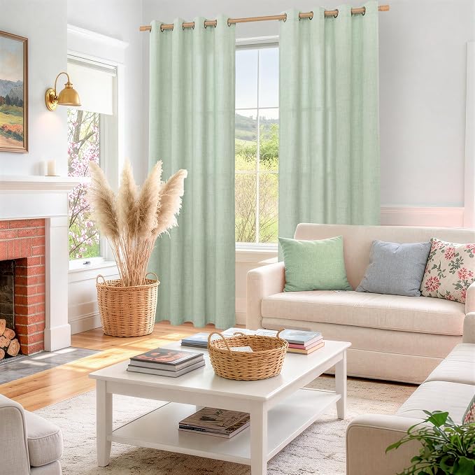 YoungsTex Sage Green Linen Curtains 80 Inches Long for Living Room, Bronze Grommet Textured Semi Sheer Drapes Privacy Light Filtering Window Treatments for Bedroom Dining, 52 x 80 Inch, 2 Panels