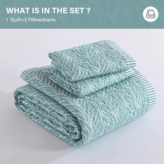 SahSahCasa Quilt Set Queen Size, 100% Cotton Quilt Bedding Set Bedspread, Botanical Pattern Solid Color Chic Lightweight Quilted Comforter for Queen Bed, White/Teal, All Season, 3PCs