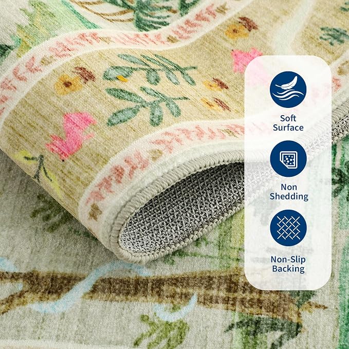 2x6 Hallway Runner Rug Non Slip Forest Nursery Runners Washable Stain Resistant Fairy Tale Whimsical Long Runner Carpets Girls Room Green Safari Animal Rugs for Living Room Kitchen Bedroom, Sage Green