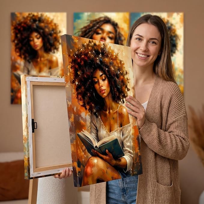 African American Women Canvas Wall Art, Boho Floral Black Girl Painting3Pcs | Modern African wall art: boho black woman reading, framed canvas for living room, office, bedroom, 16x24in
