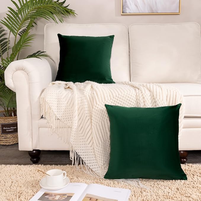 Stellhome Pack of 2 Velvet Pillow Covers Square Decorative Cushion Covers for Bed Couch Sofa Bench, 24 x 24 inch (60 x 60 cm), Dark Green