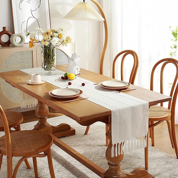 Wracra Rustic Linen Table Runner, Ivory Table Runners 90 inches Long | Raised Embroidered Design and Hand-Tassels;Cotton Linen Woven Fabric; Farmhouse Table Runner;Home Kitchen Dining Decor