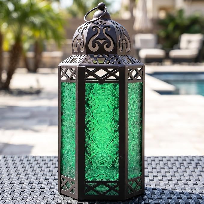 Vela Lanterns Decorative Indoor Candle Holder Table Centerpieces - Moroccan Hanging Outdoor Patio & Porch Home Decor, Turkish Lamp for Wedding, Ramadan (Large 12", Green Glass)