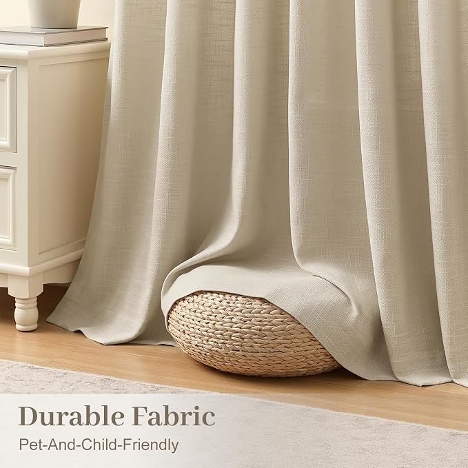 Pinch Pleated Linen Blend Light Filtering Sheer Curtains for Sliding Door | Living Room, Semi Sheer, Pinch Pleat, Hook Rings, Large Window Drapes, Extra Wide, Soft, Thick, 70Wx96L, Sand Beige, 1 Panel