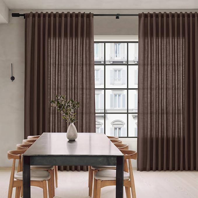 Linen Curtains 90 Inches Long for Living Room Semi Sheer Light Filtering Curtain Back Tab Rod Pocket Neutral Boho Modern Farmhouse Decor Window Drapes for Bedroom 52x90 2 Panels Coffee