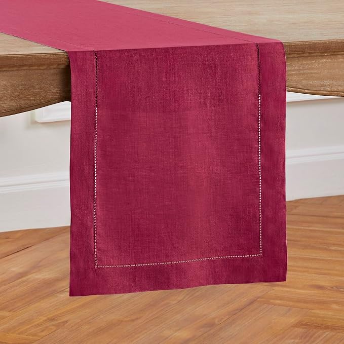 Solino Home 100% Pure Linen Dining Table Runner Beet Hemstitch, 14 x 120 in | Classic Hemstitch, brings a tailored look to family meals and hosting, hemstitched border, soft, fine, OEKO-TEX Certified