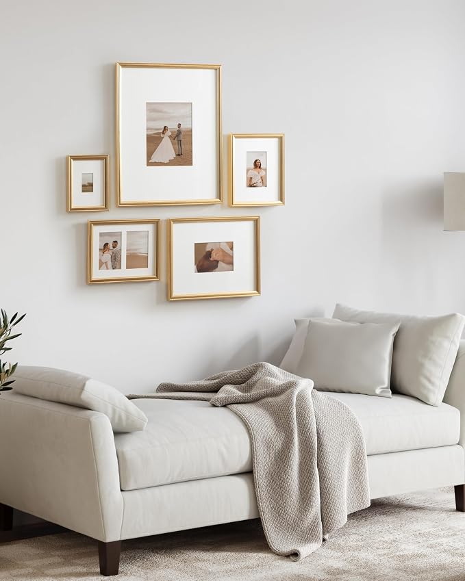 Kate and Laurel Adlynn Traditional Picture Frame Set, Set of 5, Varying Sizes, Vintage Gold, Classic Wall Frame Set Collection with Hanging Template for Gallery Wall Picture Frame Display