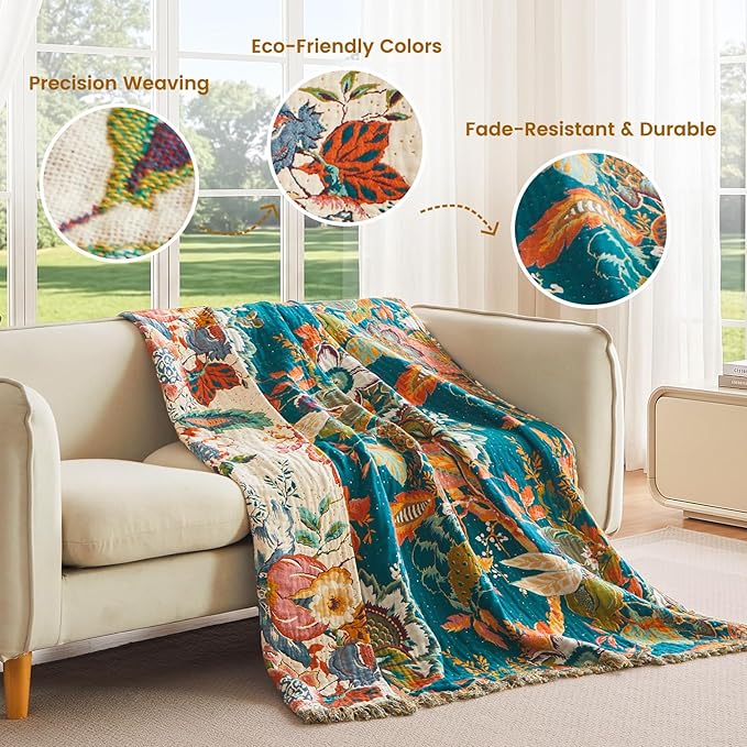 MSGKV Boho Throw Blanket 50"x60" 100% Cotton Vine Blanket for Couch Bed | Super Soft Muslin, Everyday Comfort, Breathable, Lightweight, Farmhouse Decor, All Seasons, Machine Washable, Cozy Comfort
