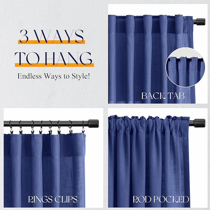Jowels Classic Blue Linen Curtains 84 Inch Long 2 Panels for Living Room | Light Filtering Semi Sheer Curtain, Back Tab Pocket Pleated Look, Boho Farmhouse Textured Privacy Drapes for Bedroom Window