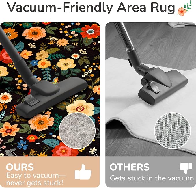 Washable Floral Area Rug for Living Room 6x9 Black | Non-Slip，Vacuum-Friendly, Low Pile, Flower Carpet for Bedroom Kitchen Entryway Dining Room Office Nursery