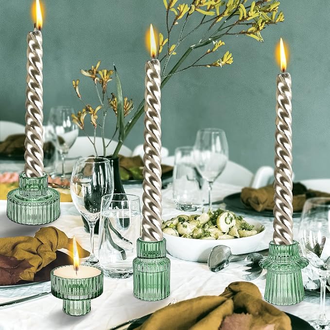 Glass Candlestick Holders - Set of 9 Green Tealight Candle Holder,3 Style Taper Candle for All Formal Events,Table Centerpieces,Wedding, Dinning,Church, Party & Festival Decoration