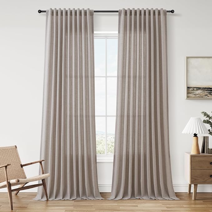 Linen Curtains 96 Inches Long for Living Room Back Tab Semi Sheer Floor to Ceiling 8ft Light Filtering Curtain Boho Farmhouse Decor Window Drapes for Bedroom 52x96 2 Panels Brownish Grey