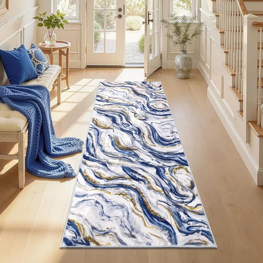 Yamaziot 2x6 Washable Modern Abstract Runner Rug Non-Slip for Hallways | Stain Resistant Kitchen Rug with Rubber Backing, Low Pile, Ultra Soft Carpet Runner for Bedroom, Laundry, Entrance,Blue
