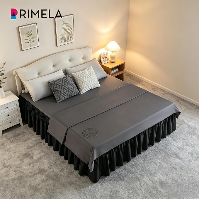 Black Bed Skirt Queen Size 25 Inch Drop, Elastic Wrap Around Bedskirt | Solid Ruffled, Easy to Use, No Mattress Lifting, Wrinkle & Fade Resistant, with Adhesive Strips, Machine Wash/Dry/Iron