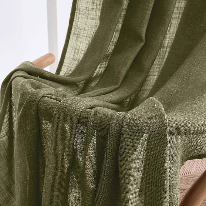 MIULEE Light Olive Green Linen Curtains 52x90 Inch Long 2 Panel for Bedroom | Living Room, Soft Linen Textured Natural Window Drapes, Semi Sheer Light Filtering, Back Tab Rod Pocket, Burlap Look Decor