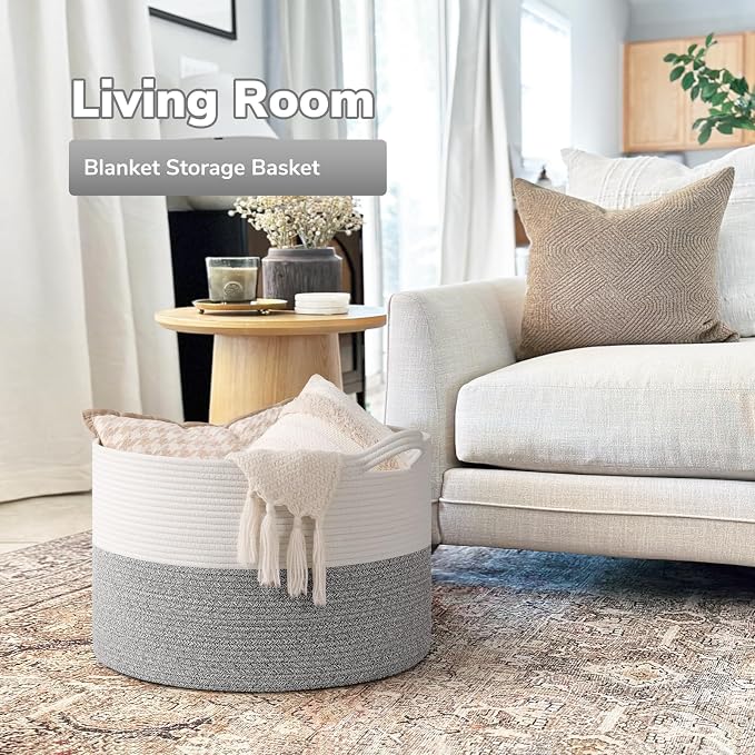 Goodpick Woven Blanket Basket Living Room, Toy Bin for Playroom, 65L | 19.7 x 19.7 x 12.6 In Toy Storage Basket for Nursery, Blanket Basket for Living room, Laundry Basket, Light & Grey