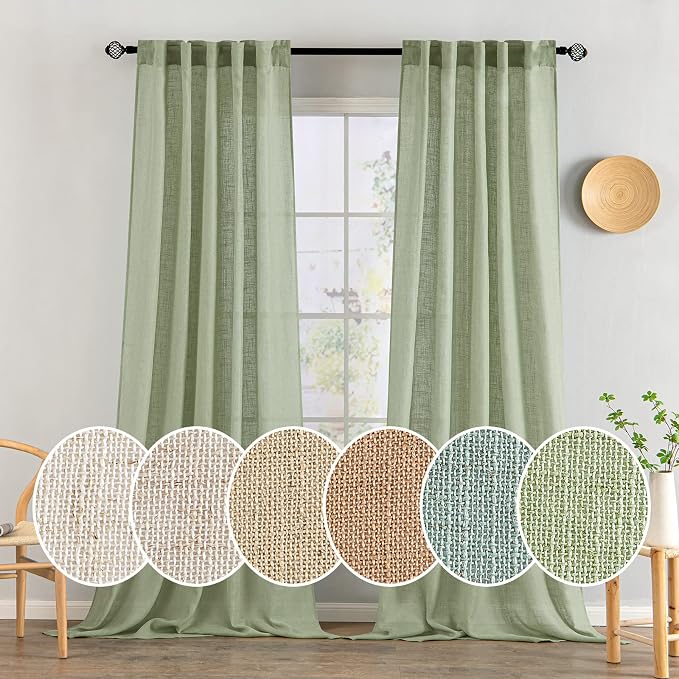 MIULEE Sage Green Linen Curtains 52x108 Inches Long for Bedroom Living Room | Soft Thick Linen Textured Window Drapes, Semi Sheer Light Filtering, Back Tab Rod Pocket, Burlap Look, 2 Panels