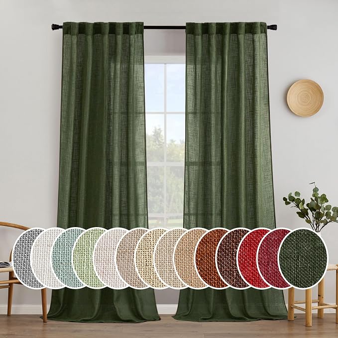 MIULEE Olive Green Linen Curtains 37x90 Inch Length 2 Panels | Bedroom Living Room, Thick Linen Textured Window Drapes, Semi Sheer Light Filtering, Back Tab Rod Pocket, Burlap Decor