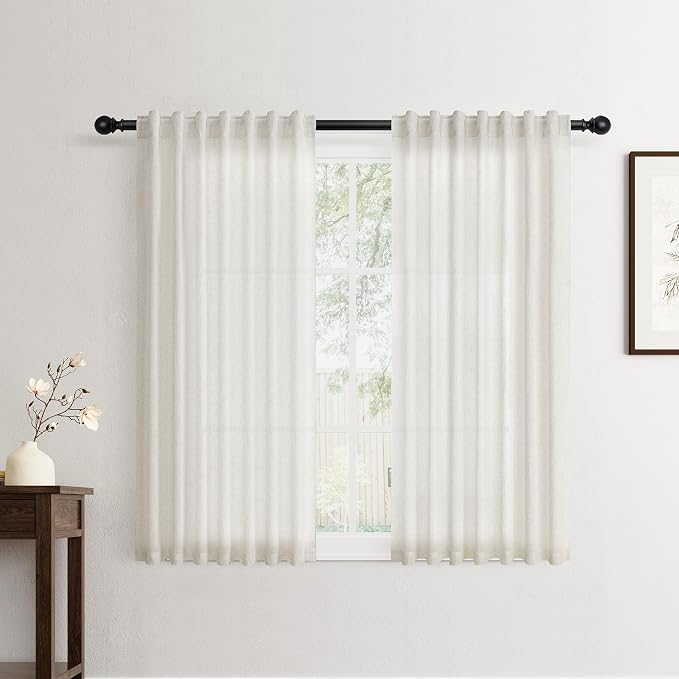 Jowels Natural Linen Curtains 50 Inch Long 2 Panels for Living Room | Ivory Light Filtering Sheer Curtain,Back Tab Pocket Pleated Look,Modern Farmhouse Textured Privacy Drapes for Bedroom Window