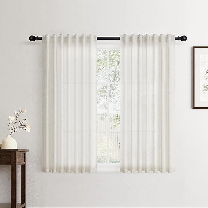 Jowels Natural Linen Curtains 54 Inch Long 2 Panels for Living Room | Ivory Light Filtering Sheer Curtain,Back Tab Pocket Pleated Look,Modern Farmhouse Textured Privacy Drapes for Bedroom Window