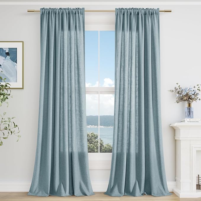 Blue Linen Curtains 90 Inch Length for Living Room Bedroom 2 Panels Set Rod Pocket Light Filtering Semi Sheer Window Curtains 52 Inch Width Boho Farmhouse Linen Drapes Dusty Blue, W52xL90