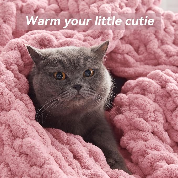 Negwoo Chunky Knit Throw Blanket, Knitted Throw Chenille Yarn, 30"*40" | Soft Thick Cable Knitted Blankets, Handmade Big Thick Blanket, Machine Washable Cute Comfy Blanket for Home Decor, Light pink