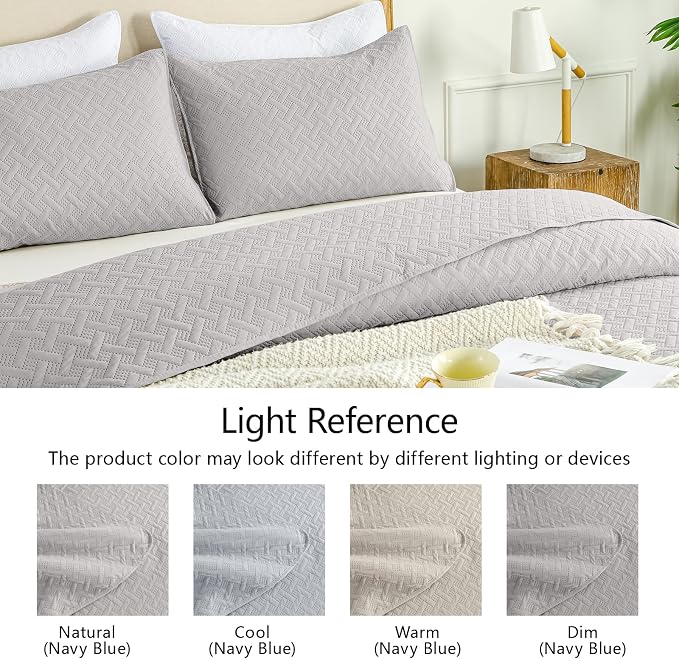 FLYMME Queen Quilt Bedding Set Light Grey Lightweight Bedspreads Full Size,Modern Style Geometric Weave Stripe Pattern,Soft Microfiber Bed Coverlet for All Season (1 Quilt, 2 Shams)