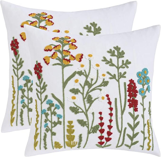 LUOYEHK Embroidered Pillow Covers 18x18 Inch Set of 2 Decorative Throw Pillow Cover Tufted Floral Spring Summer Boho Cushion Pillowcase for Couch Sofa Bed Living Room, Colorful Flowers