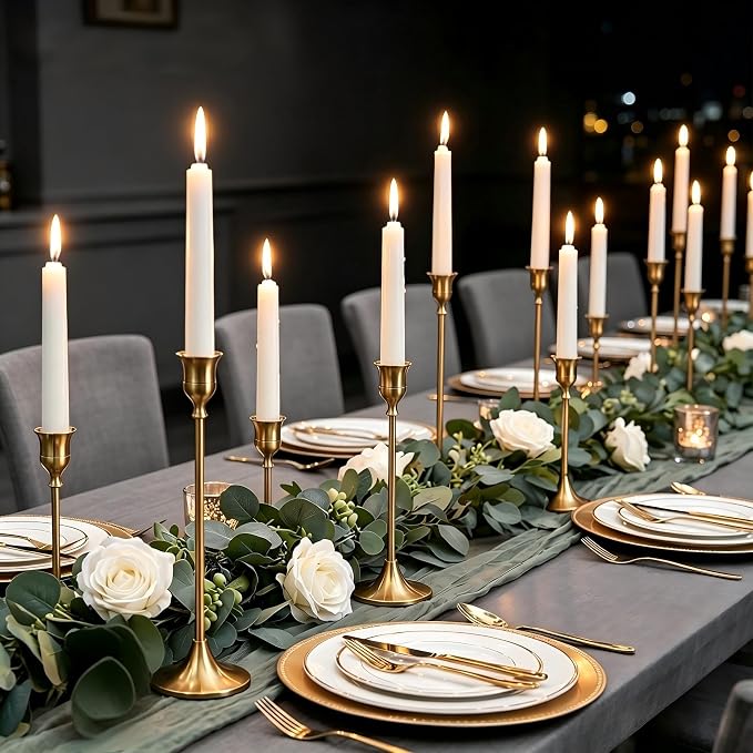 NUPTIO Gold Candlestick Holders Bulk: Solid Aluminum - Set of 30 | Brass Candle Stick Holder - Taper Candles Stand for Thanksgiving Christmas Wedding Birthday Party Mantel Table Centerpiece