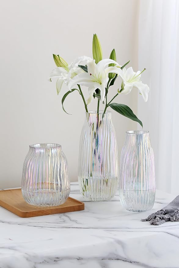 Large Colored Glass Vase for Home Decor Ribbed Tall Gold Floor Vase 12.0" Decorative Vases for Table Centerpieces Flowers Decor and Farmhouse(Colored 8.0in)