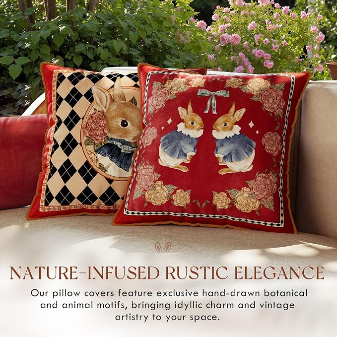 Vintage Christmas Pillow Cover 18x18, Floral Bunny | Designer High End Rabbit Pillow Cover, Red Velvet Throw Pillow Decorative for Couch Sofa Bedroom Home Holiday