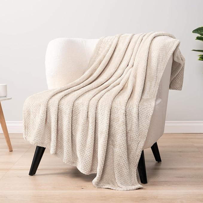 PAVILIA Cream Beige Throw Blanket for Couch Sofa Bed, Soft Fuzzy Waffle Jacquard Microfiber, Warm Lightweight Fade-Resistant Decorative All Season Throw, 50x60