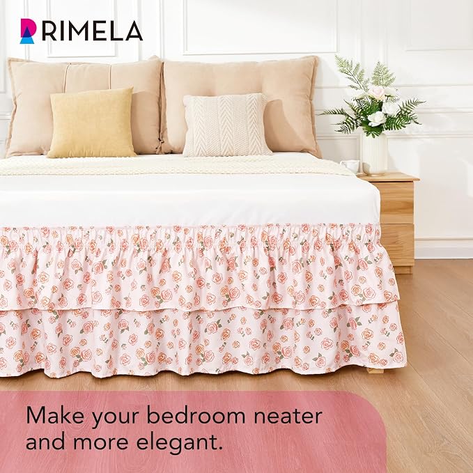 RIMELA Ruffle Bed Skirt Pink Rose Floral Queen 15 Inch Drop, Elastic Wrap Around Bed Skirting Queen Size, Easy to Install Dust Ruffle, Machine Washable Soft Fabric, Multi Ruffle Bedskirt