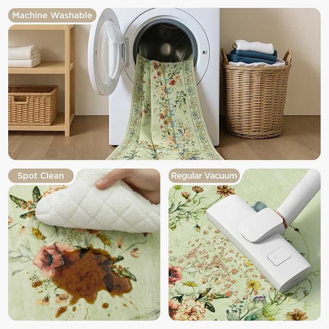 Joydeco Boho Bow Floral 9x12 Rug for Living Room Bedroom, Beige Machine Washable Area Rug for Bedroom Girls Nursery, Non Slip Indoor Carpet for Playroom Kids Dining Room Dorm Classroom, Beige