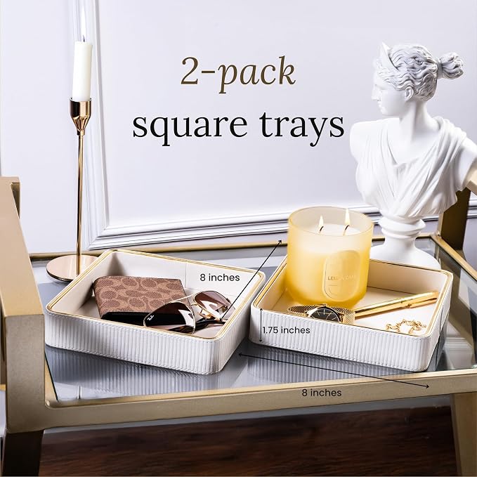 2 Pack White Catch All Trays for Jewelry| Small Leather Valet Tray| Key Bowl for Entryway Table EDC Trinket Tray CatchAll| Perfume Trays for Dresser Organizer Perfume Holder (Set of 2)
