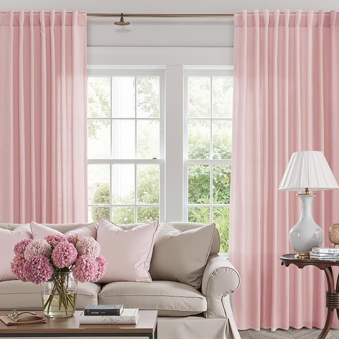 Jowels Pink Linen Curtains 48 Inch Long 2 Panels for Living Room | Light Filtering Semi Sheer Curtain, Back Tab Pocket Pleated Look, Boho Farmhouse Textured Privacy Drapes for Bedroom Window