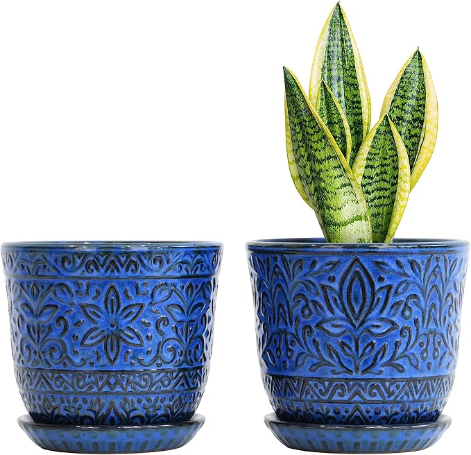 Gepege Ceramic Plant Pots, 6 Inch Indoor Planters with Drainage & Saucers | Ceramic pots for plants with drainage holes, ceramic saucers and mesh pads, ideal for flowers, herbs and succulents, set of 2