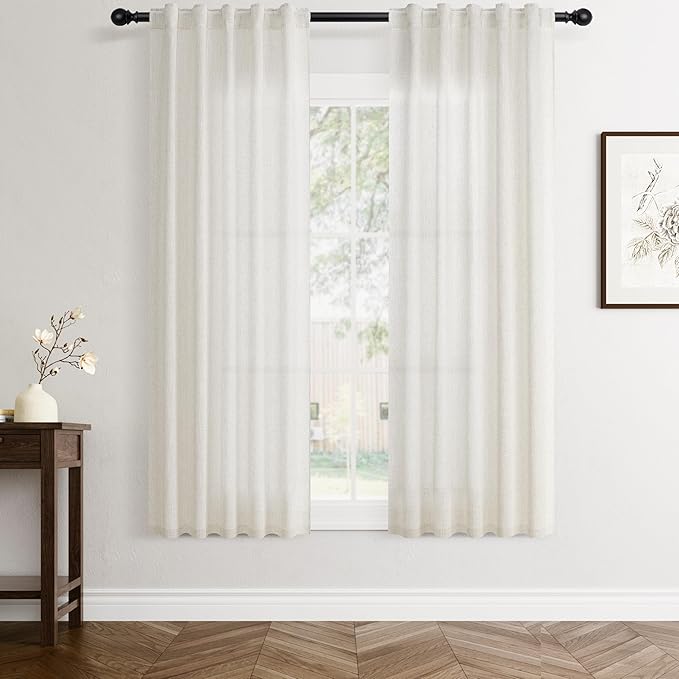 Jowels Natural Linen Curtains 63 Inch Long 2 Panels for Living Room | Ivory Light Filtering Sheer Curtain,Back Tab Pocket Pleated Look,Modern Farmhouse Textured Privacy Drapes for Bedroom Window