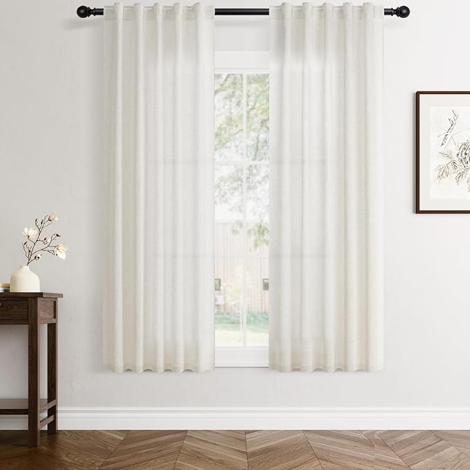 Jowels Natural Linen Curtains 68 Inch Long 2 Panels for Living Room | Ivory Light Filtering Sheer Curtain,Back Tab Pocket Pleated Look,Modern Farmhouse Textured Privacy Drapes for Bedroom Window