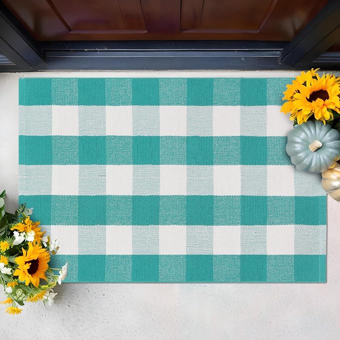Spring Green & White Plaid Rug - 28 x 43 Inches Outdoor Front Door Decor Mat Cotton Washable Hand-Woven Rug Christmas New Year Holiday Porch Entryway Layered Doormat