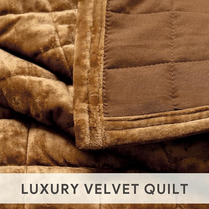 RECYCO Channel Box Stitch Velvet Quilt Set, King Size, Caramel Gold | Ultra Soft Lightweight Velvet Comforter, Luxury Oversized Bedspread Coverlet, Quilted Bedding Set for All Season with 2 Shams