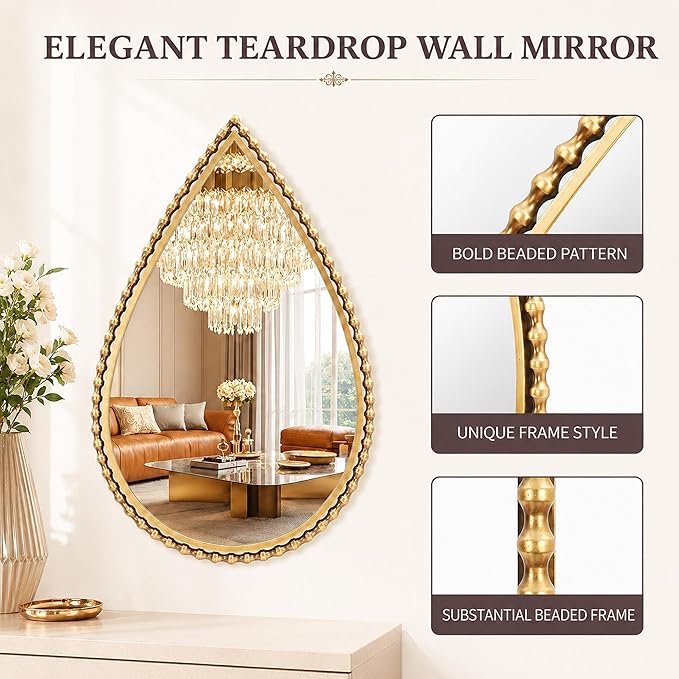 24" x 36" Teardrop Wall Mirror, Antique Gold Bold Beaded Frame | Unique vintage-style ornate decorative mirror for bathroom, bedroom, living room, hallway, entryway, vertical wall hanging.